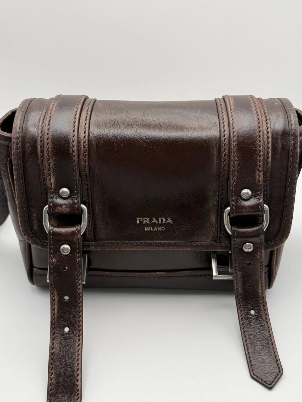 Prada Brown Leather Messenger Bag with Buckle Straps